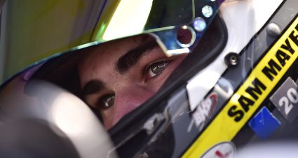 Sam Mayer, driver of the #21 Pat Connaughton With Us Foundation Chevrolet, sits in his car during practice for the Zinsser SmartCoat 200 for the ARCA Menards Series at I-44 Speedway in Lebanon, Missouri on September 5, 2020. (Jeff Curry/ARCA Racing)