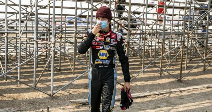 Jesse Love, driver of the #19 NAPA Power Premium Plus Toyota walks to his hauler after qualifying first during the ENEOS 150 Presented by NAPA Auto Parts for the ARCA Menards Series West at Colorado National Speedway in Dacono, Colorado, on Saturday, August 22, 2020. (Chet Strange/ARCA Racing)