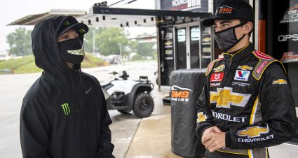 Ty Gibbs, driver of the #18 Monster / Terrible Herbst / ORCA Toyota, and Sam Mayer, driver of the #21 Chevy Accessories Chevrolet, talk during a weather delay in the Menards 200 presented by Crosley Brands for the ARCA Menards Series on August 1, 2020 at at Toledo Speedway in Toledo, Ohio. (Nic Antaya/ARCA Racing)