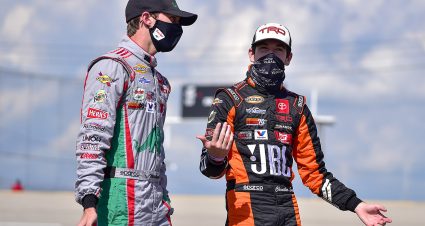 Chandler Smith, driver of the #20 JBL Toyota, talks with Michael Self, driver of the #25 Sinclair Lubricants Toyota, prior to practice for the Zinsser SmartCoat 200 for the ARCA Menards Series at I-44 Speedway in Lebanon, Missouri on September 5, 2020. (Jeff Curry/ARCA Racing)