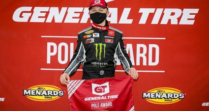 Ty Gibbs, driver of the #18 Monster Energy/Terrible Herbst-ORCA Toyota General Tire Pole Award during the Sioux Chief PowerPEX 200 for the ARCA Menards Series at Memphis International Raceway on Saturday, September 26, 2020. (Barry Cantrell/ARCA Racing)