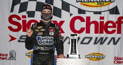 Sam Mayer, driver of the #21 Chevy Accessories Chevrolet celebrates winning the Sioux Chief Showdown Championship the Sioux Chief PowerPEX 200 for the ARCA Menards Series at Memphis International Raceway on Saturday, September 26, 2020. (Barry Cantrell/ARCA Racing)