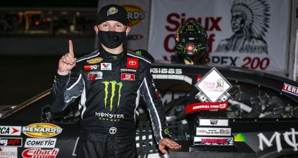 Ty Gibbs, driver of the #18 Monster Energy/Terrible Herbst-ORCA Toyota celebrates winning the Sioux Chief PowerPEX 200 for the ARCA Menards Series at Memphis International Raceway on Saturday, September 26, 2020. (Barry Cantrell/ARCA Racing)