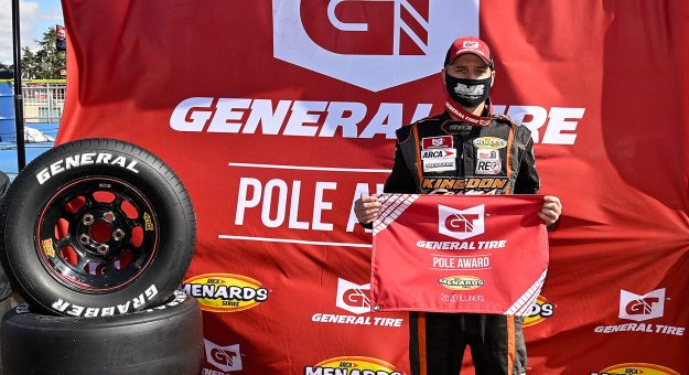Ryan Unzicker, driver of the #24 RJR Transportation-Hummingbird Winery Chevrolet, pose for a photo after winning the pole award during qualifying for the Illinois Truck & Equipment Allen Crowe 100 for the ARCA Menards Series at the Springfield Mile at the Illinois State Fairgrounds in Springfield, Illinois on October 4, 2020. (Jeff Curry/ARCA Racing)