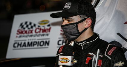 Sam Mayer, driver of the #21 Chevy Accessories Chevrolet celebrates winning the Sioux Chief Championship during the Sioux Chief PowerPEX 200 for the ARCA Menards Series at Memphis International Raceway on Saturday, September 26, 2020. (Barry Cantrell/ARCA Racing)