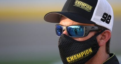 LAS VEGAS, NEVADA - SEPTEMBER 25: Grant Enfinger, driver of the #98 Champoin/Curb Records Ford, waits on the grid prior to the NASCAR Gander RV & Outdoors Truck Series World of Westgate 200 at Las Vegas Motor Speedway on September 25, 2020 in Las Vegas, Nevada. (Photo by Chris Graythen/Getty Images) | Getty Images