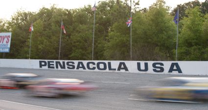 PENSACOLA, FL - APRIL 13: Long exposure view of turn 3 during the NASCAR NAPA 150 at Five Flags Speedway on April 13, 2013 in Pensacola, Florida. (Photo by Michael Chang, Credit: NASCAR via Getty Images) *** Local Caption *** | Getty Images