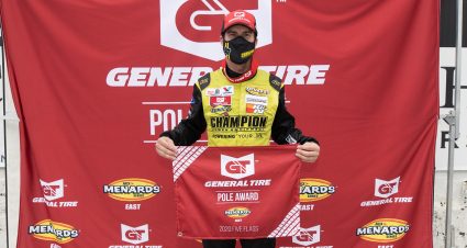 PENSACOLA, FL - Oct. 11: Grant Enfinger, driver of the #77 Champion Power Equipment Ford, earned the pole position prior to the Pensacola 200 Presented by Inspectra Thermal Solutions for the ARCA Menards Series East in Pensacola, Florida on Oct. 11, 2020. (Morgan Givens/ARCA Racing)