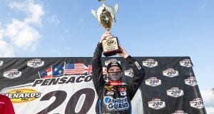PENSACOLA, FL - Oct. 11: Sam Mayer, driver of the #21 End Stigma, Change Lives Chevrolet, celebrates winning the Pensacola 200 Presented by Inspectra Thermal Solutions and the ARCA Menards Series East Championship in Pensacola, Florida on Oct. 11, 2020. (Morgan Givens/ARCA Racing)