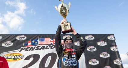 Sam Mayer, driver of the No. 21 End Stigma, Change Lives Chevrolet, celebrates winning the Pensacola 200 Presented by Inspectra Thermal Solutions and the ARCA Menards Series East Championship in Pensacola, Florida on Oct. 11, 2020. (Morgan Givens/ARCA Racing)
