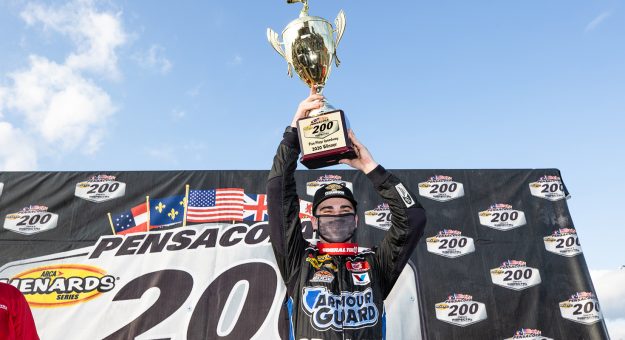 Sam Mayer, driver of the No. 21 End Stigma, Change Lives Chevrolet, celebrates winning the Pensacola 200 Presented by Inspectra Thermal Solutions and the ARCA Menards Series East Championship in Pensacola, Florida on Oct. 11, 2020. (Morgan Givens/ARCA Racing)