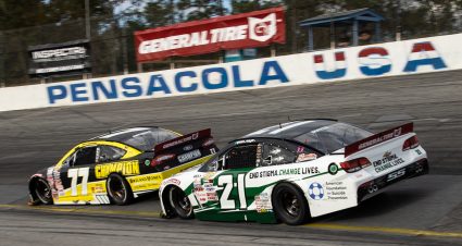 PENSACOLA, FL - Oct. 11: Sam Mayer, driver of the #21 End Stigma, Change Lives Chevrolet, racing Grant Enfinger, driver of the #77 Champion Power Equipment Ford during the Pensacola 200 Presented by Inspectra Thermal Solutions for the ARCA Menards Series East in Pensacola, Florida on Oct. 11, 2020. (Morgan Givens/ARCA Racing)
