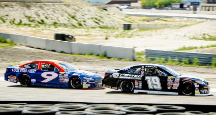 Jesse Love, driver of the #19 NAPA Power Premium Plus Toyota, passes Blaine Perkins, driver of the #9 Sunrise Ford/Four Star Fruit-Lucas Oil Ford, during the first ENEOS/Sunrise Ford Twins presented by West Coast Stock Car Hall of Fame race for the ARCA Menards Series West at the Utah Motorsports Campus in Tooele, Utah, on Saturday, June 27, 2020. (Isaac Hale/ARCA Racing)