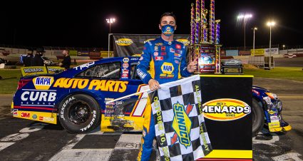 Gio Scelzi, driver of the No. 16 NAPA Auto Parts/Curb Records Toyota, celebrates his win in the NAPA Auto Parts 125 presented by CashInTheCan.com for the ARCA Menards West Series in Roseville, California on October 23, 2020. (Michael Urakami/ARCA Racing)