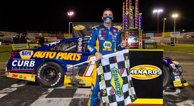 Gio Scelzi, driver of the No. 16 NAPA Auto Parts/Curb Records Toyota, celebrates his win in the NAPA Auto Parts 125 presented by CashInTheCan.com for the ARCA Menards West Series in Roseville, California on October 23, 2020. (Michael Urakami/ARCA Racing)