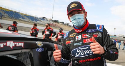 Taylor Gray, driver of the #17 Ford Performance Ford, wins the NAPA 125 held at Kern County Raceway Park as part of the ARCA Menards West Series on Oct. 25, 2020 in Bakersfield, Calif. (Meg Oliphant/ARCA Racing)