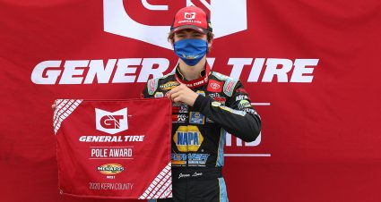 Jesse Love, driver of the No. 19 NAPA Power Premium Plus Toyota, celebrates his General Tire Pole Award as part of the ARCA Menards Series West on Oct. 25, 2020 in Bakersfield, Calif.