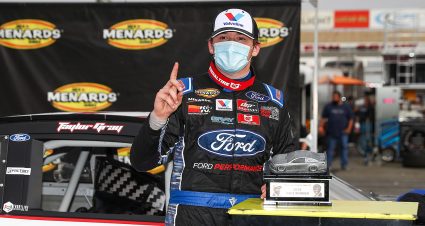 Taylor Gray, driver of the #17 Ford Performance Ford, wins the NAPA 125 held at Kern County Raceway Park as part of the ARCA Menards Series West on Oct. 25, 2020 in Bakersfield, Calif. (Meg Oliphant/ARCA Racing)