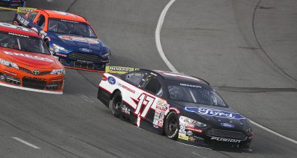 Taylor Gray, driver of the #17 Ford Performance Ford, leads a pack of cars during the NAPA ENEOS 125 held at Kern County Raceway Park as part of the ARCA Menards Series West on Oct. 25, 2020 in Bakersfield, Calif. (Meg Oliphant/ARCA Racing)