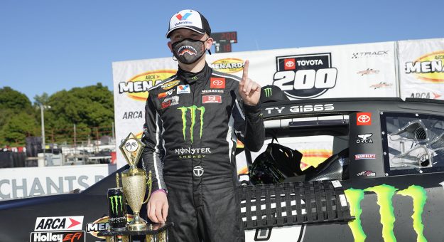 Ty Gibbs, driver of the #18 Monster / Terrible Herbst / ORCA Toyota, after winning the Toyota 200 Presented by Crosley Brands for the ARCA Menards Series at Winchester Speedway in Winchester, Indiana, on Sept. 19, 2020. (AJ Mast/ARCA Racing)