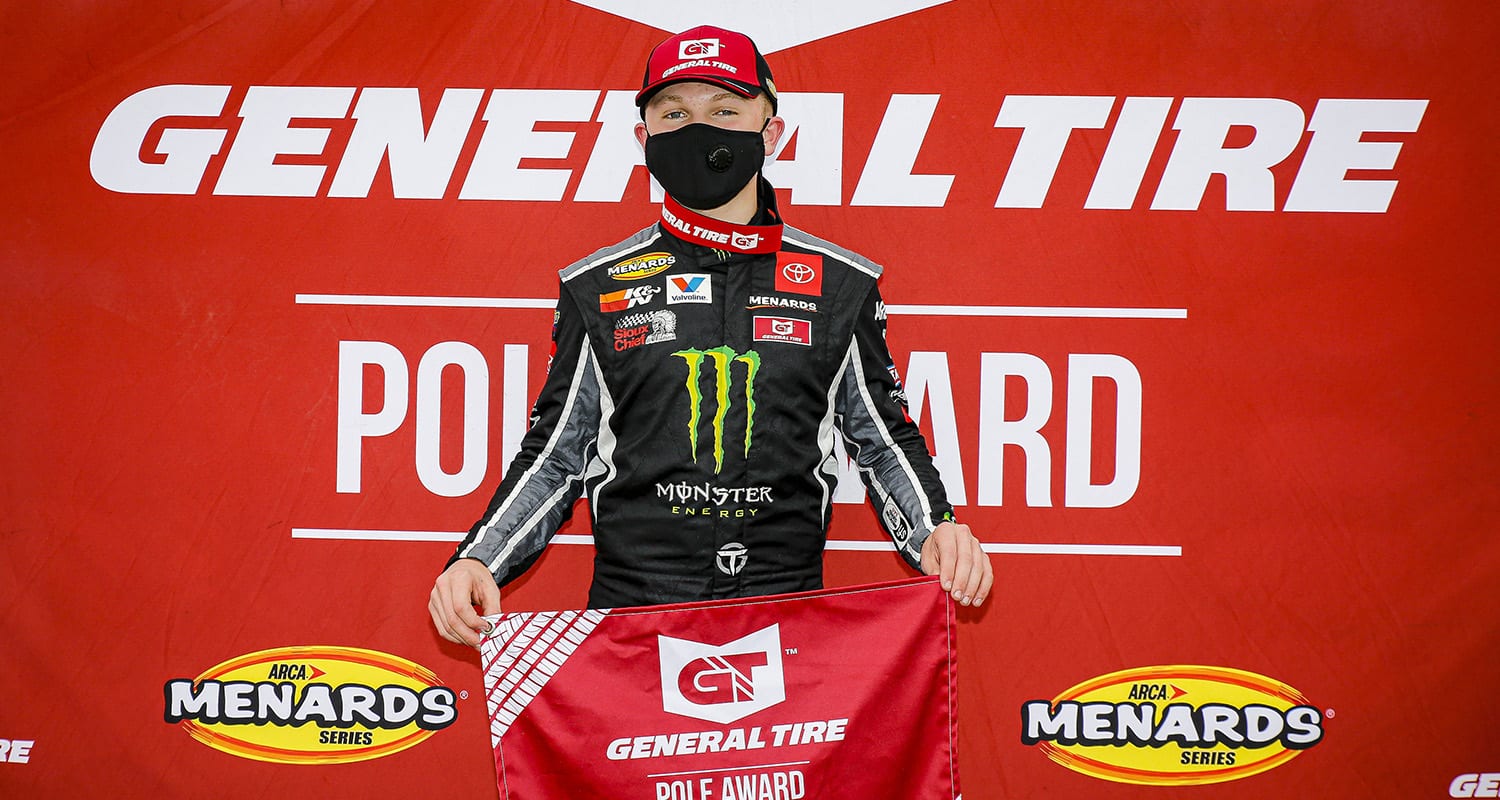 Ty Gibbs, driver of the #18 Monster Energy/Terrible Herbst-ORCA Toyota General Tire Pole Award during the Sioux Chief PowerPEX 200 for the ARCA Menards Series at Memphis International Raceway on Saturday, September 26, 2020. (Barry Cantrell/ARCA Racing)