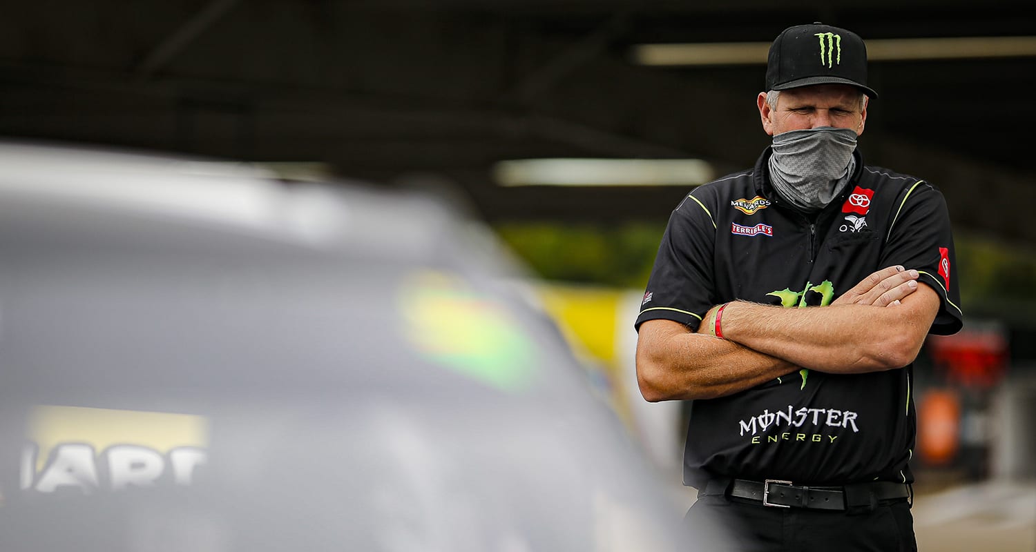 Ty Gibbs' crew chief Mark McFarland during the Sioux Chief PowerPEX 200 for the ARCA Menards Series at Memphis International Raceway on Saturday, Sept. 26, 2020. (Barry Cantrell/ARCA Racing)