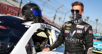 Jack Wood, driver of the #78 Velocity Racing Toyota, stands with his car ahead of the ENEOS 125 presented by NAPA Auto Parts as part of the ARCA Menards Series West held at Irwindale Speedway in Irwindale, Calif. on July 4, 2020.