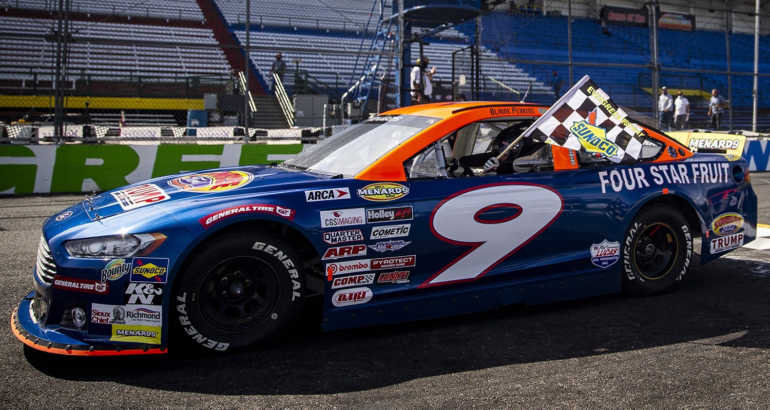 Blaine Perkins completes a victory lap after winning the ENEOS/NAPA Auto Parts 100 for the ARCA Menards Series West on Aug. 7, 2020, at Evergreen Speedway in Monroe, Washington. (Lindsey Wasson/ARCA Racing)