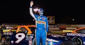 Blaine Perkins waves for introductions during the NAPA Auto Parts 125 presented by CashInTheCan.com for the ARCA Menards Series West in Roseville, California, on Oct. 23, 2020. (Michael Urakami/ARCA Racing)