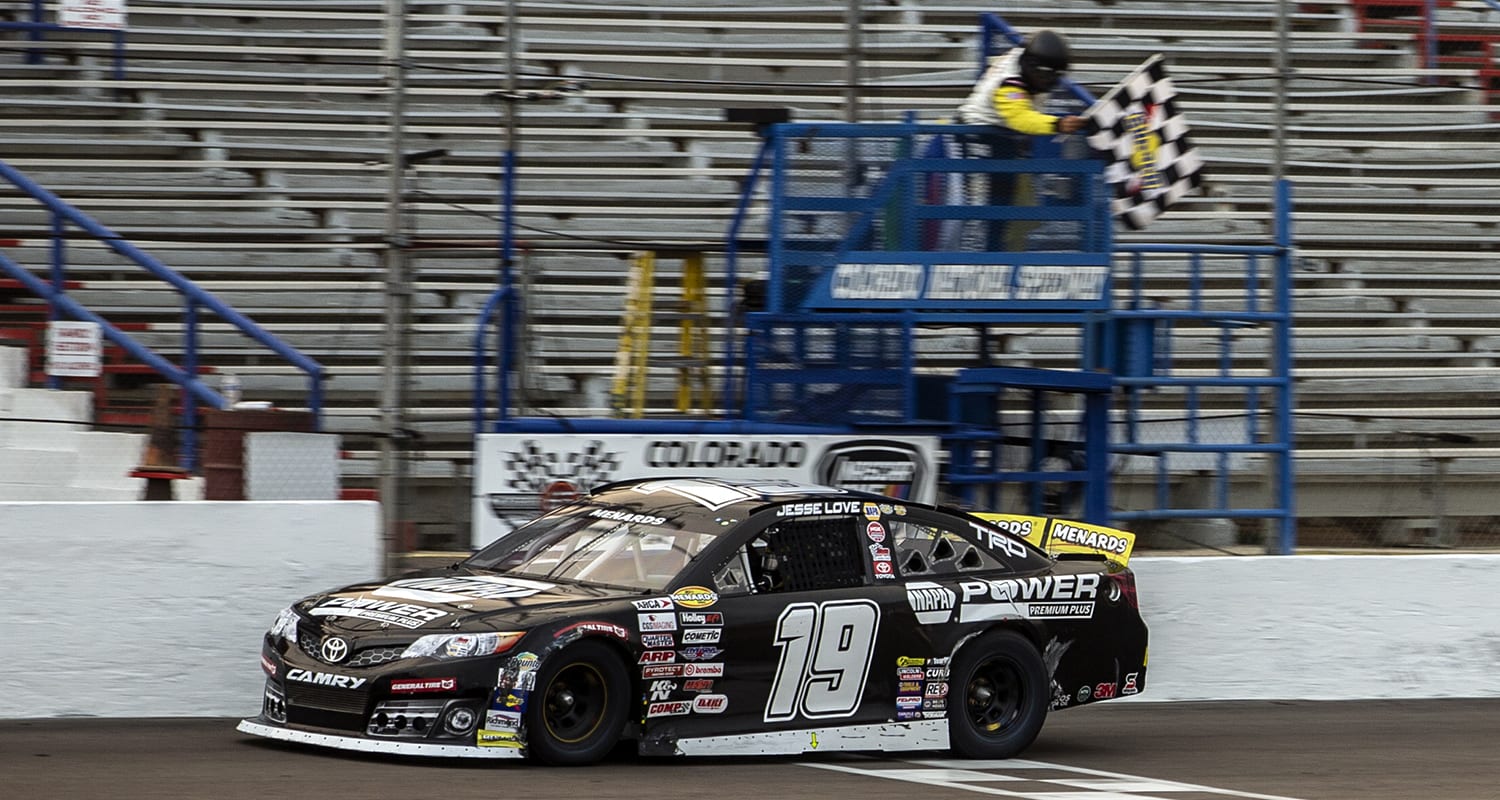 Jesse Love, driver of the No. 19 NAPA Power Premium Plus Toyota, crosses the finish line to win the ENEOS 150 Presented by NAPA Auto Parts for the ARCA Menards Series West at Colorado National Speedway in Dacono, Colorado, on Saturday, Aug. 22, 2020. (Chet Strange/ARCA Racing)