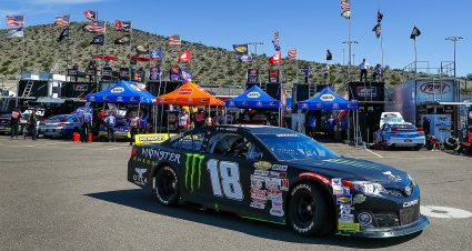 Ty Gibbs, driver of the No. 18 Monster Energy / Terrible Herbst-ORCA Toyota, in the garage area before the ARCA Menards General Tire 150 on March 6, 2020 at Phoenix Raceway in Phoenix, Arizona. (Adam Glanzman/ARCA Racing)