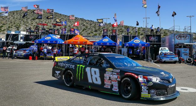Ty Gibbs, driver of the No. 18 Monster Energy / Terrible Herbst-ORCA Toyota, in the garage area before the ARCA Menards General Tire 150 on March 6, 2020 at Phoenix Raceway in Phoenix, Arizona. (Adam Glanzman/ARCA Racing)