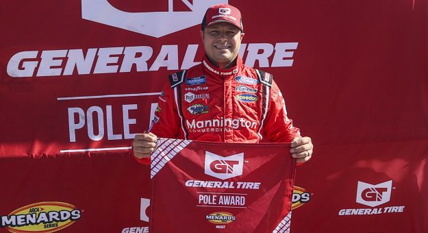 David Gilliland, driver of the No. 4 Lincoln Electric-Simpson Ford, celebrates his General Tire Pole award ahead of the Arizona Lottery 100 for the ARCA Menards Series West at Phoenix Raceway in Avondale, Arizona on Nov. 7, 2020. (Dominic Valente/ARCA Racing)