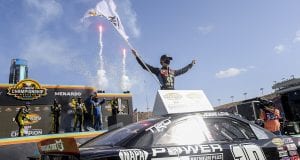 Jesse Love, driver of the No. 19 NAPA Power Premium Plus Toyota, celebrates his championship after the Arizona Lottery 100 for the ARCA Menards Series West at Phoenix Raceway in Avondale, Arizona, on Nov. 7, 2020. (Dominic Valente/ARCA Racing)