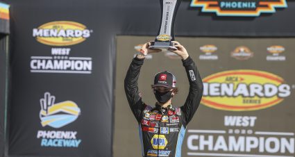 Jesse Love, driver of the No. 19 NAPA Power Premium Plus Toyota, celebrates his championship after the Arizona Lottery 100 for the ARCA Menards Series West at Phoenix Raceway in Avondale, Arizona, on Nov. 7, 2020. (Dominic Valente/ARCA Racing)