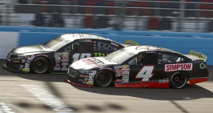 David Gilliland, driver of the No. 4 Lincoln Electric-Simpson Ford, fights for the win with Ty Gibbs, driver of the No. 18 Monster-Terrible Herbst-ORCA Toyota, in the Arizona Lottery 100 for the ARCA Menards Series West at Phoenix Raceway in Avondale, Arizona, on Nov. 7, 2020. (Dominic Valente/ARCA Racing)