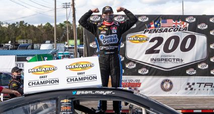Sam Mayer, driver of the No. 21 End Stigma, Change Lives Chevrolet, celebrates winning the Pensacola 200 Presented by Inspectra Thermal Solutions and the ARCA Menards Series East Championship in Pensacola, Florida on Oct. 11, 2020. (Morgan Givens/ARCA Racing)
