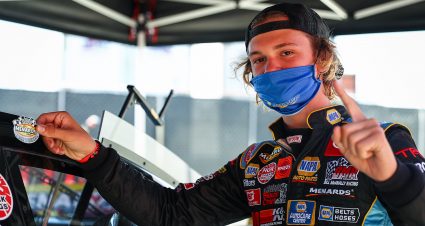 Jesse Love, driver of the No. 19 NAPA Power Premium Plus Toyota, places a winning sticker on his car from his previous Utah win at the ENEOS 125 presented by NAPA Auto Parts as part of the ARCA Menards Series West held at Irwindale Speedway in Irwindale, Calif., on July 4, 2020. (Meg Oliphant/ARCA)