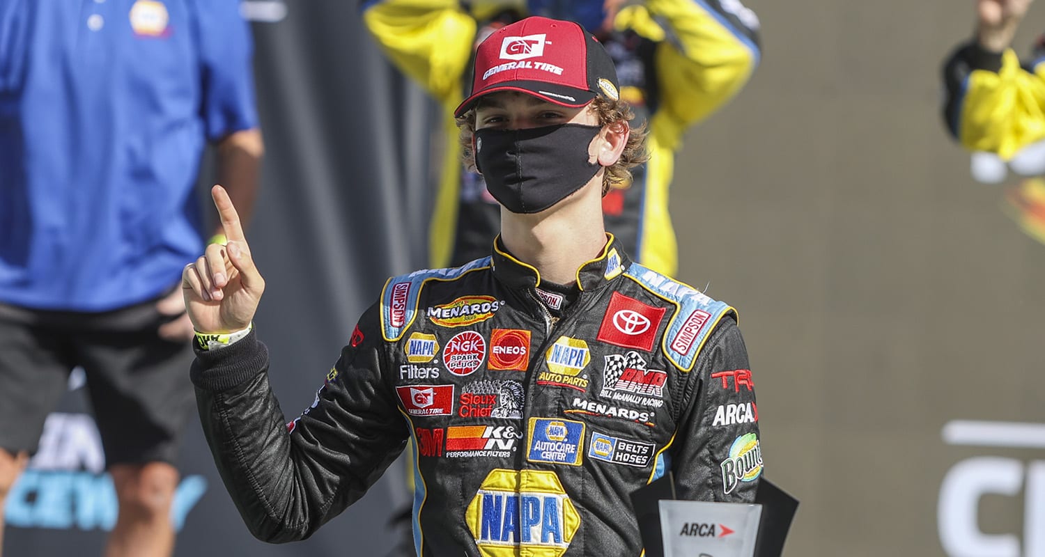 Jesse, Love, driver of the No. 19 NAPA Power Premium Plus Toyota, celebrates his championship win after the Arizona Lottery 100 for the ARCA Menards Series West at Phoenix Raceway in Avondale, Arizona, on Nov. 7, 2020. (Dominic Valente/ARCA Racing)