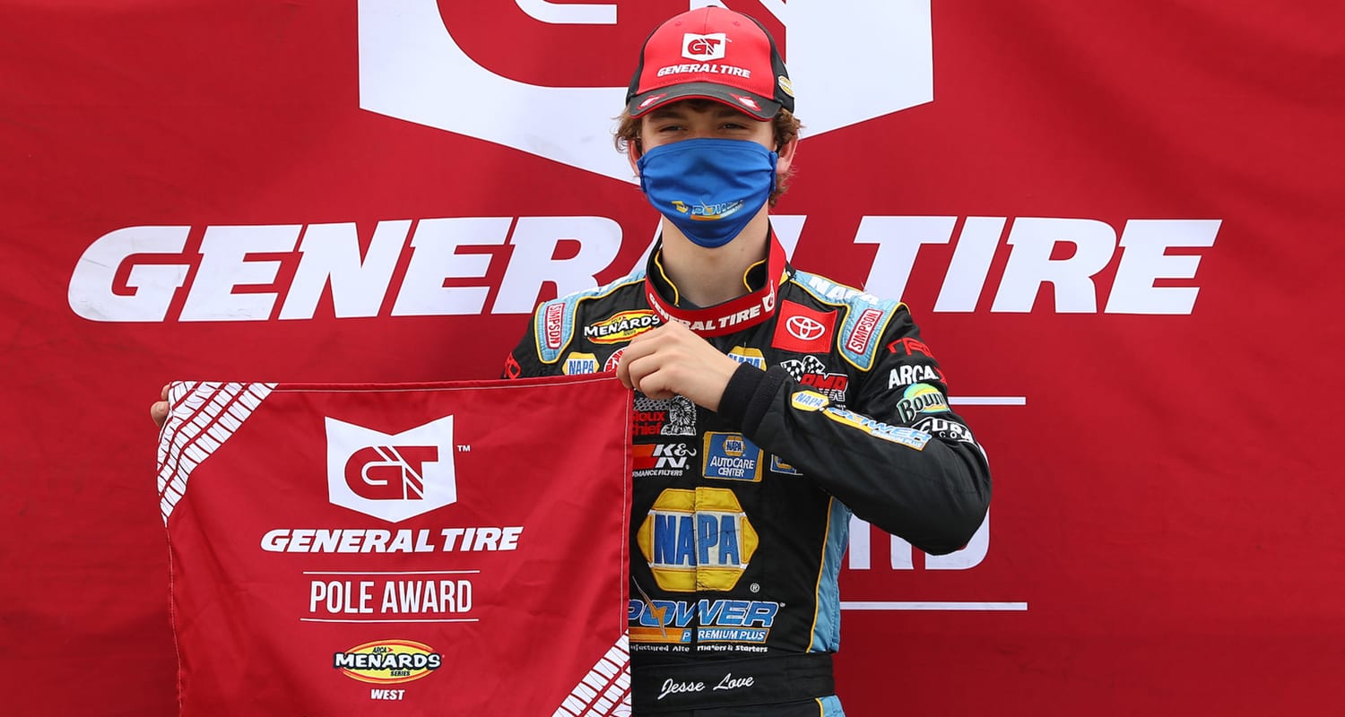 Jesse Love, driver of the No. 19 NAPA Power Premium Plus Toyota, celebrates winning the General Tire Pole ahead of the NAPA ENEOS 125 for the ARCA Menards Series West at Kern County Raceway Park in Bakersfield, California, on Oct. 25, 2020. (Meg Oliphant/ARCA)