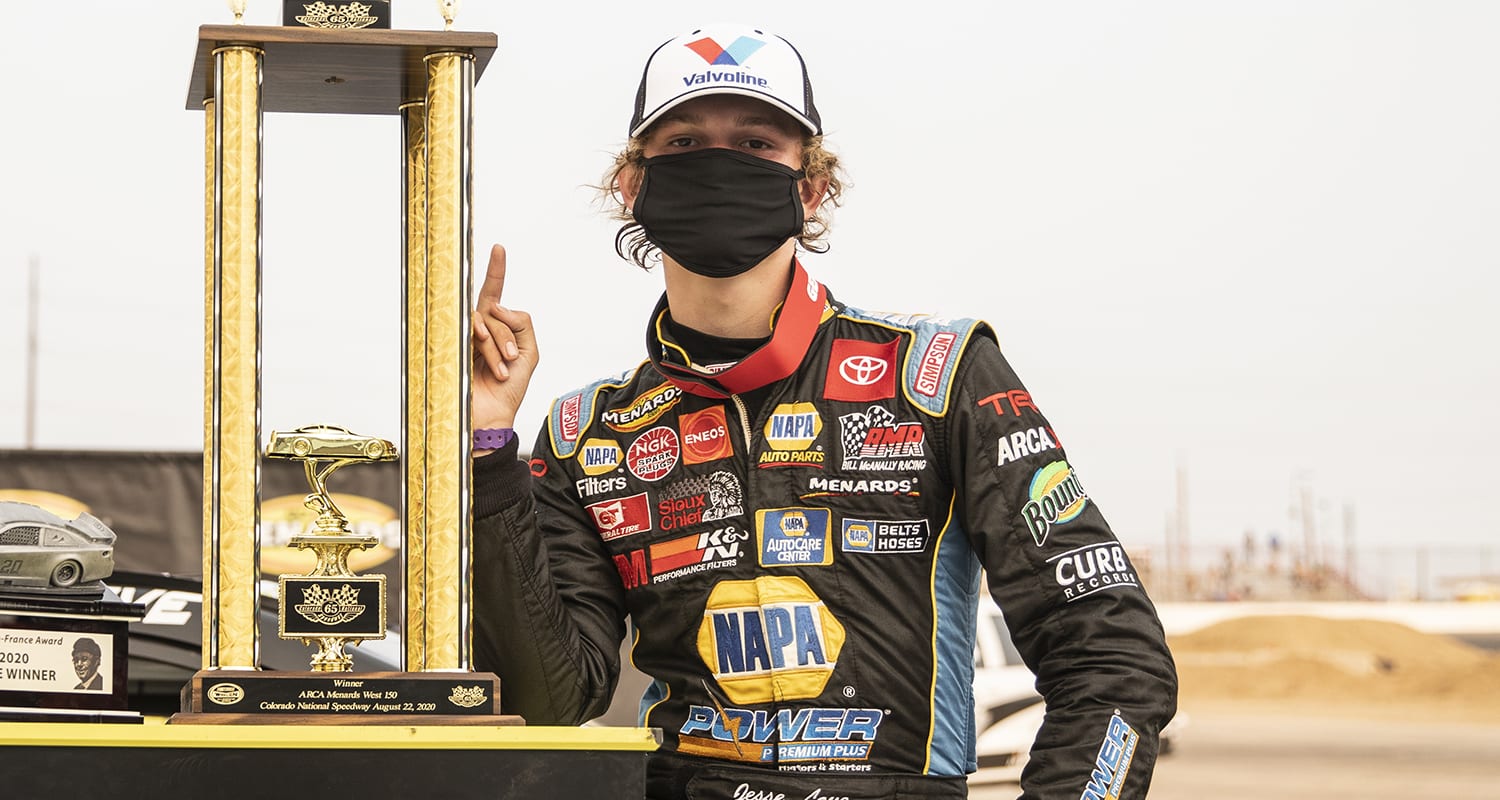 Jesse Love, driver of the No. 19 NAPA Power Premium Plus Toyota, celebrates winning the ENEOS 150 Presented by NAPA Auto Parts for the ARCA Menards Series West at Colorado National Speedway in Dacono, Colorado, on Saturday, Aug. 22, 2020. (Chet Strange/ARCA Racing)