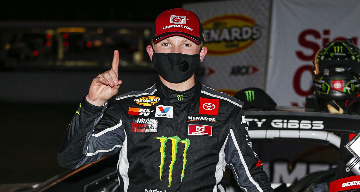 Ty Gibbs, driver of the No. 18 Monster Energy/Terrible Herbst-ORCA Toyota, celebrates winning the Sioux Chief PowerPEX 200 for the ARCA Menards Series at Memphis International Raceway on Saturday, Sept. 26, 2020. (Barry Cantrell/ARCA Racing)