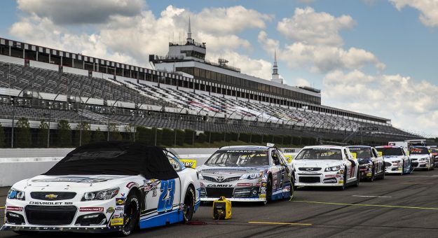 Cars line up on the grid before the General Tire #AnywhereIsPossible 200 for the ARCA Menards Series at Pocono Raceway in Long Pond, Pennsylvania, on Friday, June 26, 2020. (Adam Glanzman/ARCA Racing)