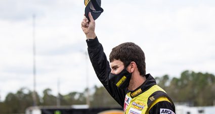 Grant Enfinger, driver of the No. 77 Champion Power Equipment Ford, pictured before the Pensacola 200 Presented by Inspectra Thermal Solutions for the ARCA Menards Series East at 5 Flags Speedway in Pensacola, Florida, on Oct. 11, 2020. (Morgan Givens/ARCA Racing)