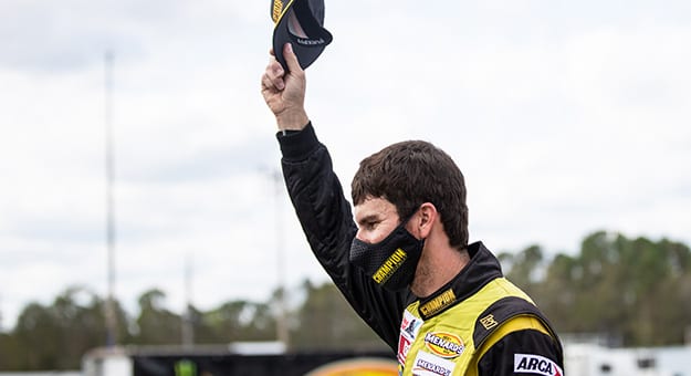 Grant Enfinger, driver of the No. 77 Champion Power Equipment Ford, pictured before the Pensacola 200 Presented by Inspectra Thermal Solutions for the ARCA Menards Series East at 5 Flags Speedway in Pensacola, Florida, on Oct. 11, 2020. (Morgan Givens/ARCA Racing)