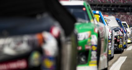 Cars line up before the General Tire 200 for the ARCA Menards Series at Talladega Superspeedway in Talladega, Alabama on June 20, 2020. (Adam Glanzman/ARCA Racing)