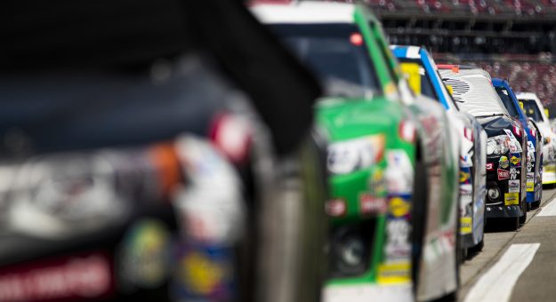 Cars line up before the General Tire 200 for the ARCA Menards Series at Talladega Superspeedway in Talladega, Alabama on June 20, 2020. (Adam Glanzman/ARCA Racing)