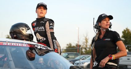 Bridget and Sarah Burgess pictured before the NAPA Auto Parts/ENEOS 150 at All American Speedway in Roseville, California, on Oct. 12, 2019. (Meg Oliphant/ARCA Racing)