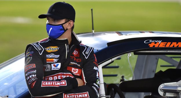 Corey Heim rests on his car before the Dawn 150 for the ARCA Menards Series at Kansas Speedway in Kansas City, Kansas, on July 24, 2020. (Ed Zurga/ARCA Racing)