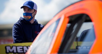 Blaine Perkins, driver of the No. 9 Sunrise Ford/Four Star Fruit/Lucas Oil Ford, pictured before qualifying for the ENEOS/NAPA Auto Parts 100 for the ARCA Menards Series West at Evergreen Speedway in Monroe, Washington, on Aug. 7, 2020. (Lindsey Wasson/ARCA Racing)